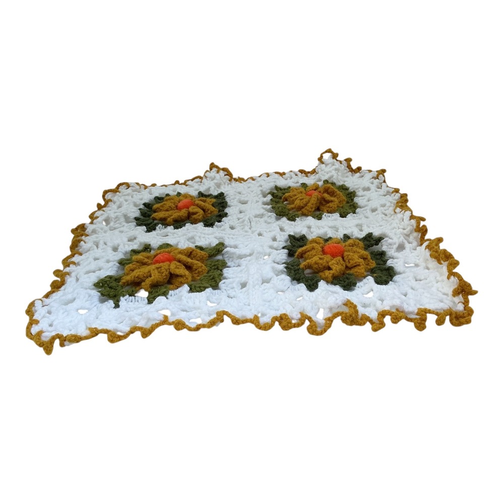 Hand Crocheted Floral Table Mat Doily 17" Raised Flowers Mustard Green White